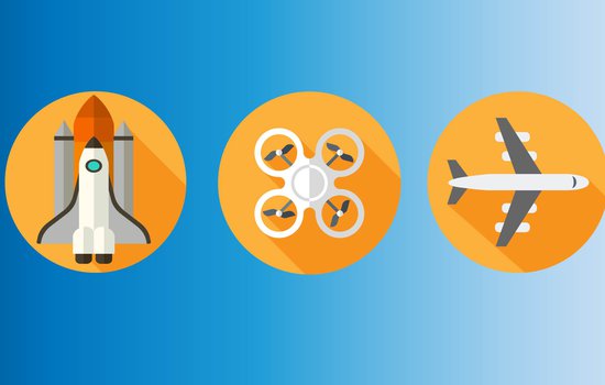 decorative illustration of a rocket, drone and a commercial airplane