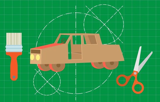 illustrated cardboard cut out of a car with scissors and a paint brush
