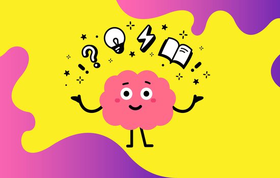 illustration of a brain which has eyes, a mouth, arms, hands, and legs. Above the brain are varying symbols depicting ideas.jpg