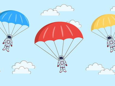 Illustration of three astronauts in the sky, falling with parachutes attached. From left, one parachute is blue, the middle is red and the one on the right is yellow.
