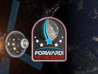 Forward to the Moon logo on a satellite and space background.
