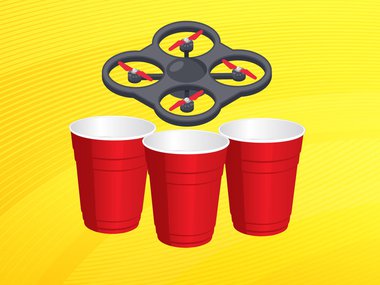 Illustration of a drone on a yellow background dodging solo cups for the Special Delivery Creativity Lab