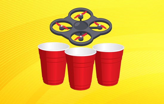 Illustration of a drone on a yellow background dodging solo cups for the Special Delivery Creativity Lab