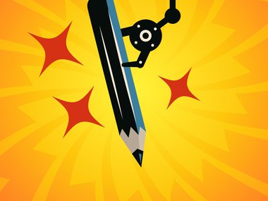 Illustration of a robot hand writing on a bright yellow background for the Do It Write Creativity Lab.jpg