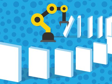 Illustration of a robot stacking dominos for the DoBot Domino Run Creativity Lab