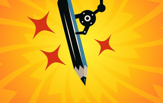 Illustration of a robot hand writing on a bright yellow background for the Do It Write Creativity Lab.jpg
