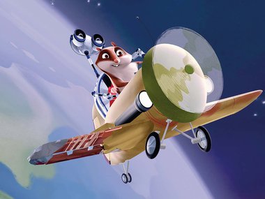 Illustration of a squirrel flying an airplane for the Digital Dome feature 3-2-1 LIftoff