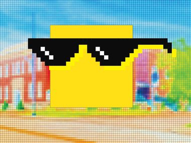 Illustration of a yellow block wearing sunglasses on a pixel art background of the Science Center