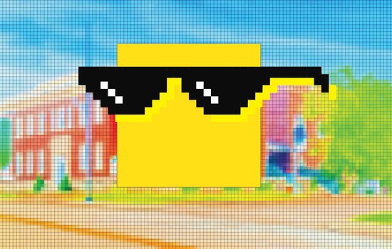 Illustration of a yellow block wearing sunglasses on a pixel art background of the Science Center