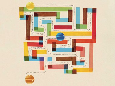 Artistic and colorful illustration of marbles in a maze for Mind-Bending Marble Maze Creativity Lab activity