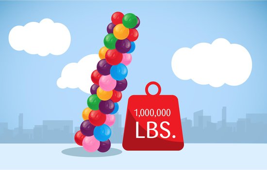 Illustration of multicolored balloons next to a 1,000,000 pound weight