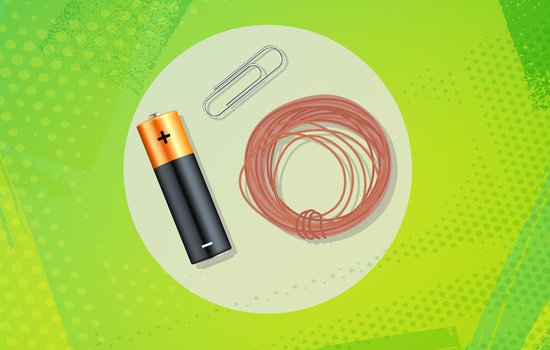 Battery, metal wire and paper clip on a lime green background. Parts used to make a simple motor.