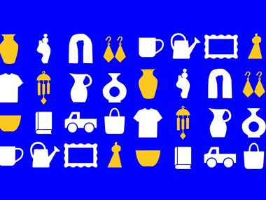 white and yellow icons resembling merchandise that might be offered in a museum store.jpg