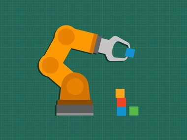 Illustration of a robotic arm picking up colorful blocks on a green background.
