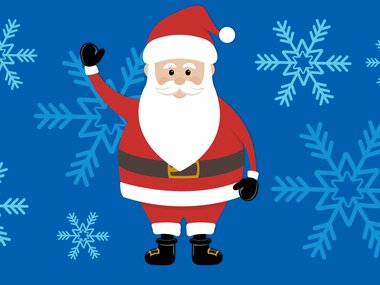 Graphic of a waving Santa in front of a blue background with snowflakes.