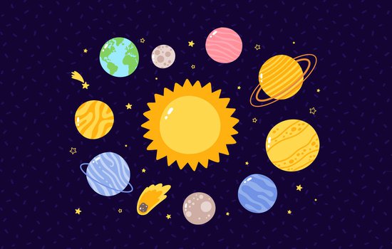 decorative illustration of the sun and surrounding planets