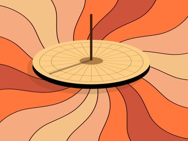 illustrated image of a sundial with multiple color background of yellow, golden, red and orange.jpg