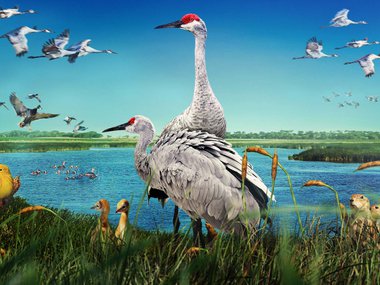 wings over water film image featuring two sandhill cranes near a wetland