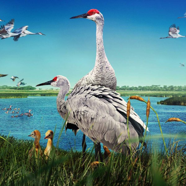 wings over water film image featuring two sandhill cranes near a wetland