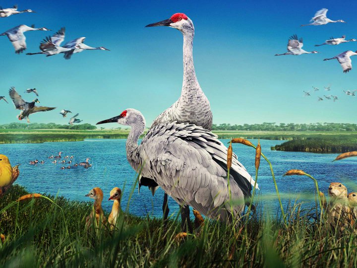 wings over water film image featuring two sandhill cranes near a wetland